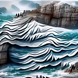 Cold waves crash mightily into a cliffside