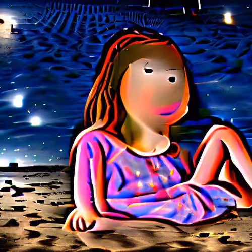 Portrait of a lonely girl sitting on the beach at night under the stars