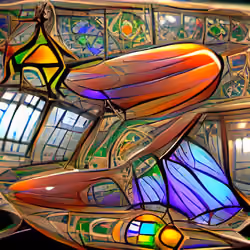 art nouveau stained glass spaceship flying between the stars