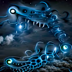 bioluminescent kraken with 10 eyes and 10 tentacles floating through the sky