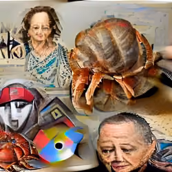 picasso style hermit crab holding linkin park album with tom hanks and betty white listening