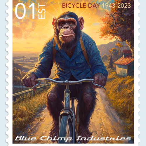 Blue Chimp Commemorative Bicycle Day Stamp By Glen