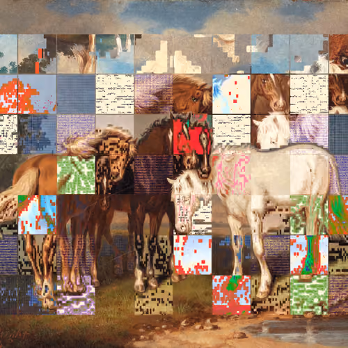 a horse painting, modified by grid ascii elements.