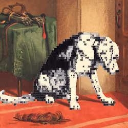 hound dog waiting, modified by ascii elements.  