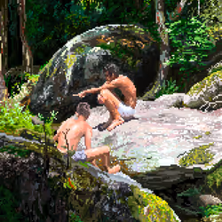 Boys playing by the water
