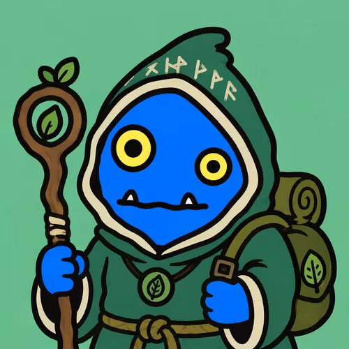 Blue Robed Creature with Staff and Leaf Emblem #6820