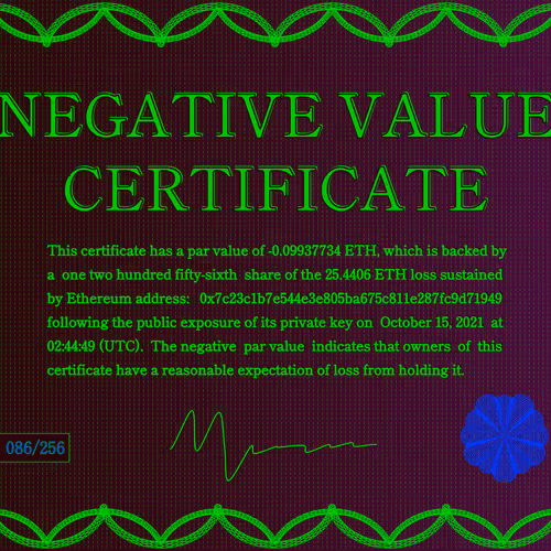 Negative Value Certificate #86 of 256