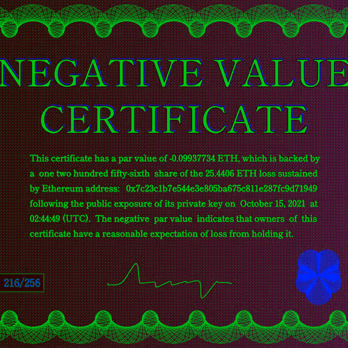 Negative Value Certificate #216 of 256