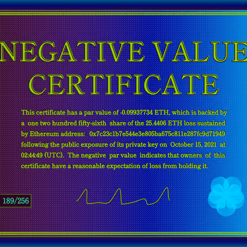 Negative Value Certificate #189 of 256