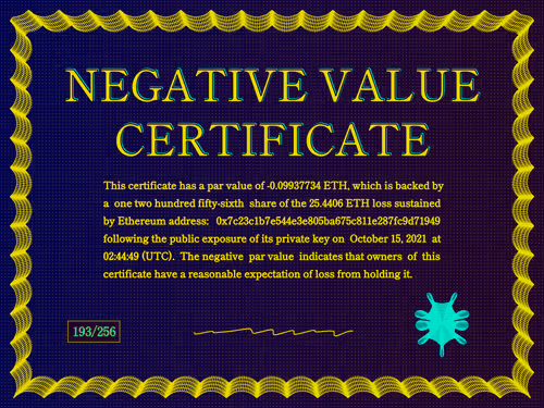 Negative Value Certificate #193 of 256