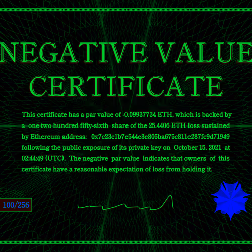 Negative Value Certificate #100 of 256