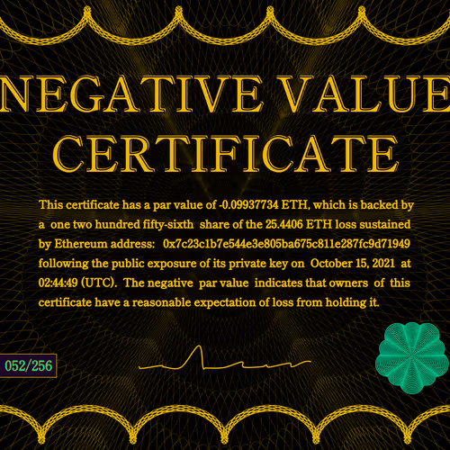 Negative Value Certificate #52 of 256