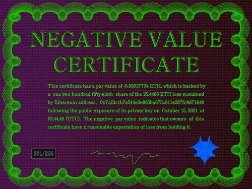 Negative Value Certificate #201 of 256