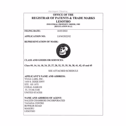 Yuga Labs Apecoin Trademark Registration Lesotho
