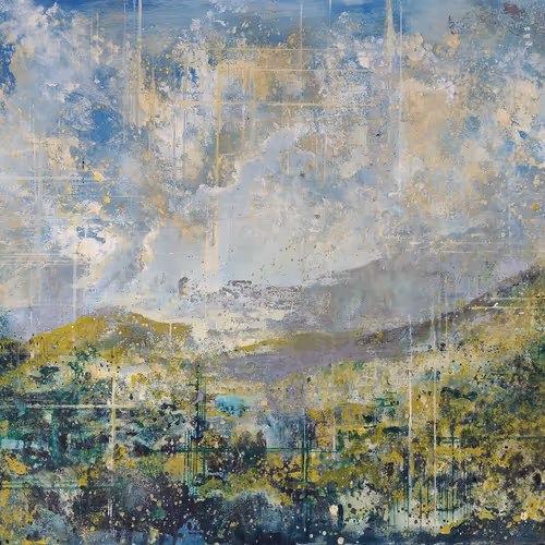 Pictorial composition in shades of blue, green, and ochre, with broad cloudy areas and atmospheric l