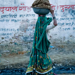 A woman carrying cow dung that she has collected for fuel #8/8