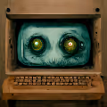 an old computer with eyes popping out of the screen by tricil