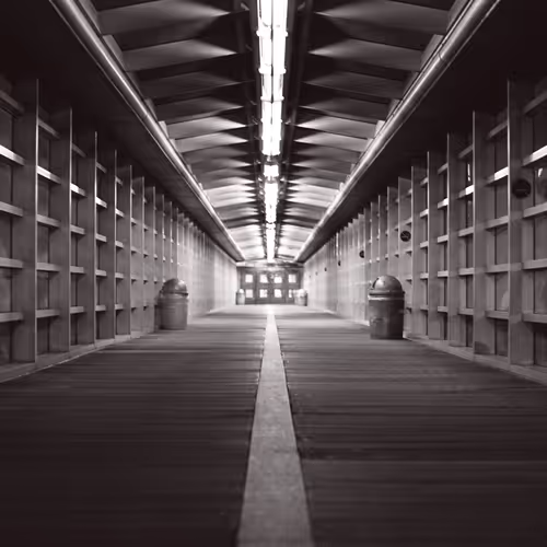 Black and white photograph of a pedestrian tunnel lined by a grid of windows, one-point pe
