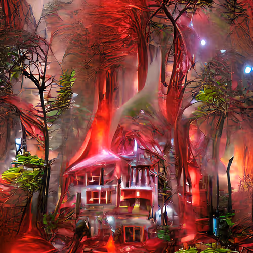 Red enchanted forest and dance of colors