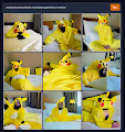 Neckbeard wearing Pikachu onesie lying suggestively on hotel bed