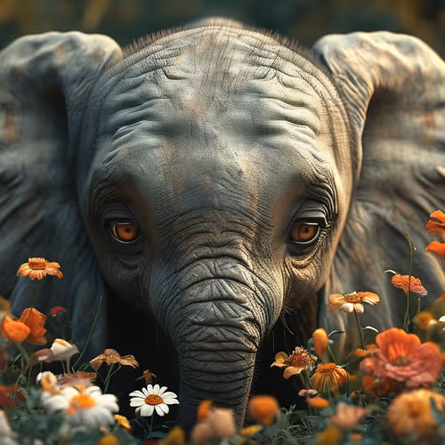 Sad Elephant between flowers