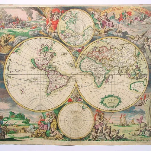 An antique double-hemisphere world map