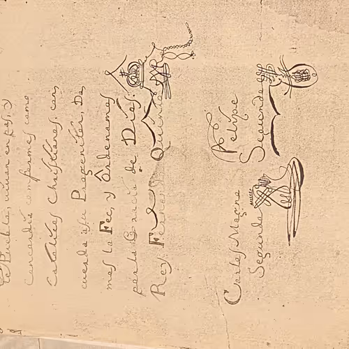 documents with the signature fron king felipe quinto from spain, hernan cortes, christopher columbus