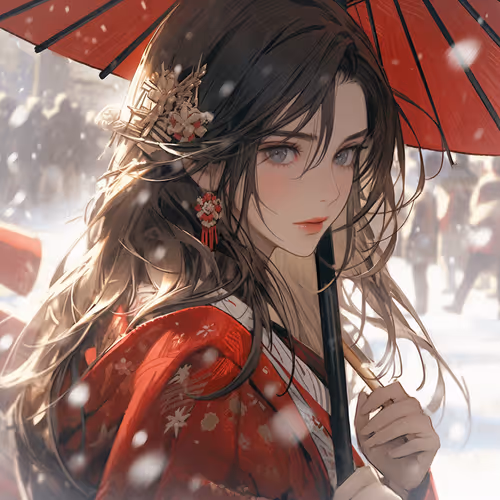 girl in the snow with umbrella