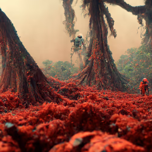 an astronaut exploring a red jungle