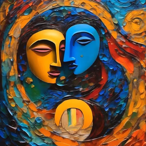 "Man and woman in love" Byzantine and Cubist art style