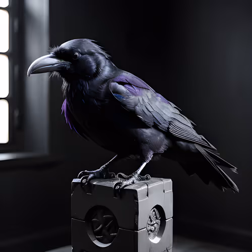 Raven sitting on a cube
