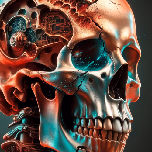 Skull transforms into a blend of organic decay and vibrant, evolving mechanics. 