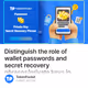Distinguish the role of wallet passwords and secret recovery phrasesprivate keys in decent
