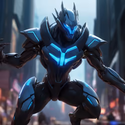Default_A_sleek_metallic_loobster_with_neon_blue_accents_stand_1