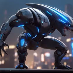 Default_A_sleek_metallic_loobster_with_neon_blue_accents_stand_0