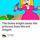 The brave knight saves the princess from the evil dragon.