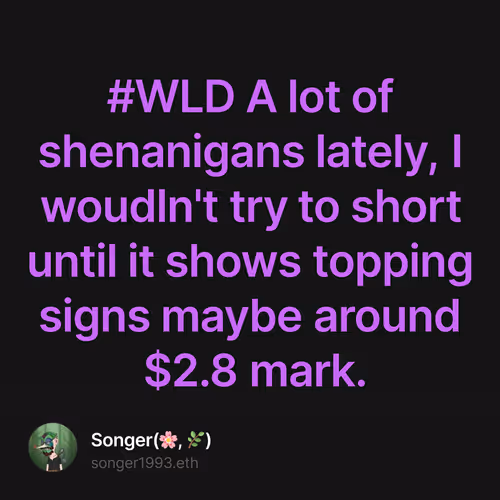 #WLD A lot of shenanigans lately, I woudln't try to short until it shows topping signs may