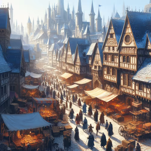 digital painting of a bustling marketplace in a bustling medieval town