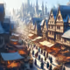 digital painting of a bustling marketplace in a bustling medieval town