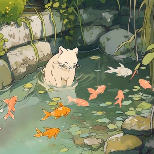 cat in a fish pond