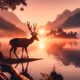 deer standing by a tranquil lake at sunrise