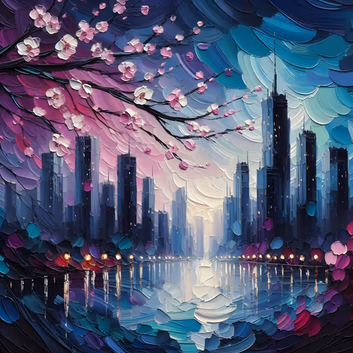 Dawnlit Metropolis and a Blooming Branch