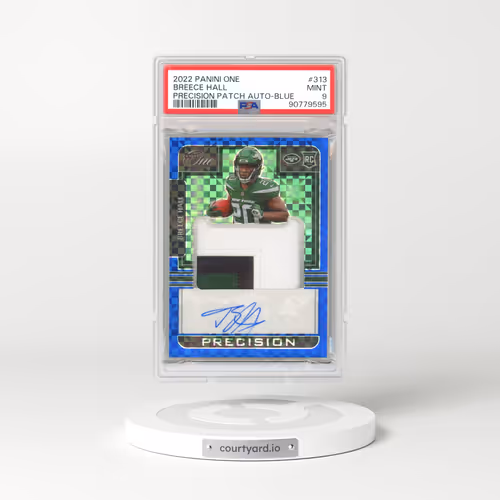 2022 Panini One #313 Breece Hall - Precision Patch Autograph-Blue (PSA 9 MINT)