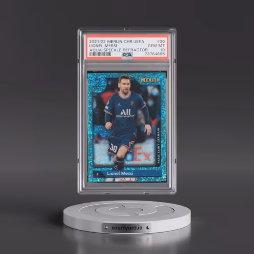 2021-2022 Topps Merlin Chrome UEFA League #30 Lionel Messi - Aqua Speckle Refractor (PSA 10 GEM MINT