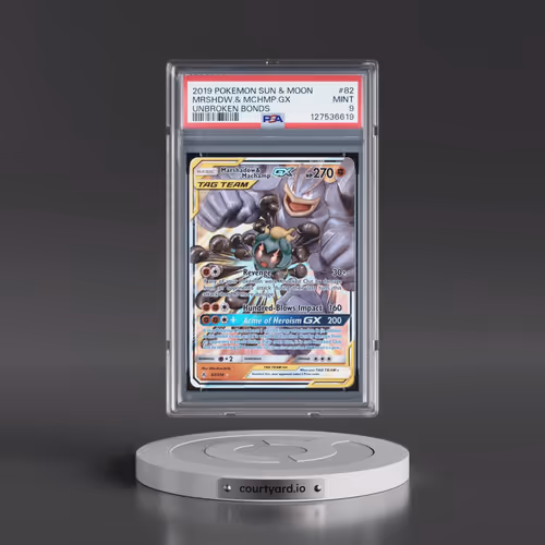 2019 Pokémon Sun & Moon Unbroken Bonds #82 Marshadow & Machamp GX - Holo (PSA 9 MINT)