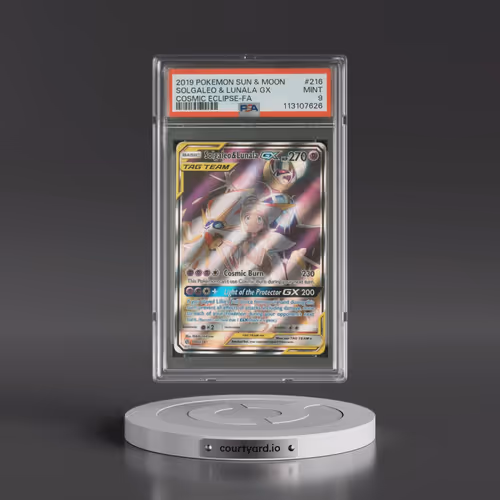 2019 Pokémon Sun & Moon Cosmic Eclipse #216 Solgaleo & Lunala GX - Holo Full Art (PSA 9 MINT)