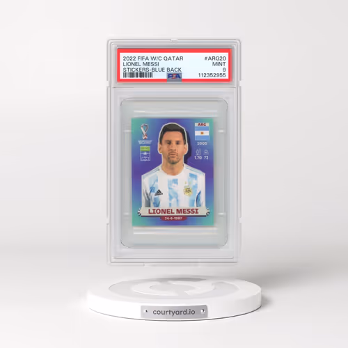 2022 Panini FIFA World Cup Qatar Stickers #ARG20 Lionel Messi - Blue Back (PSA 9 MINT)