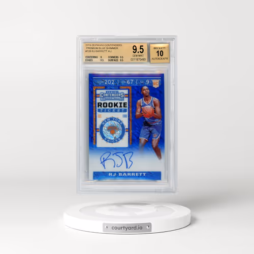 2019 Panini Contenders #128 RJ Barrett - Ball at Waist-Autograph-Premium Edition-Blue Shimmer (BGS 9