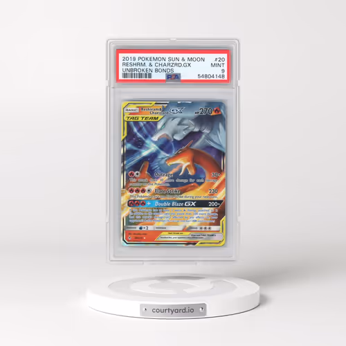 2019 Pokémon Sun & Moon Unbroken Bonds #20 Reshiram & Charizard GX - Holo (PSA 9 MINT)