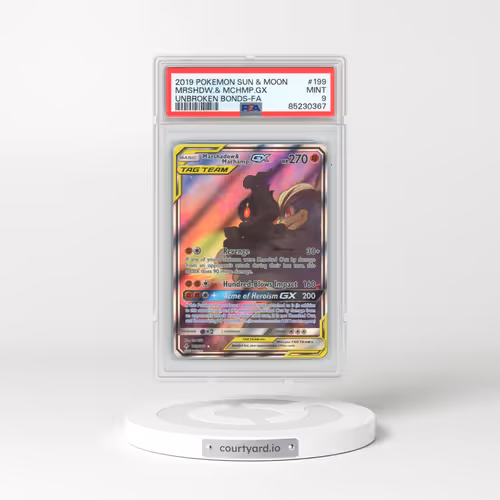 2019 Pokémon Sun & Moon Unbroken Bonds #199 Marshadow & Machamp GX - Holo Full Art (PSA 9 MINT)